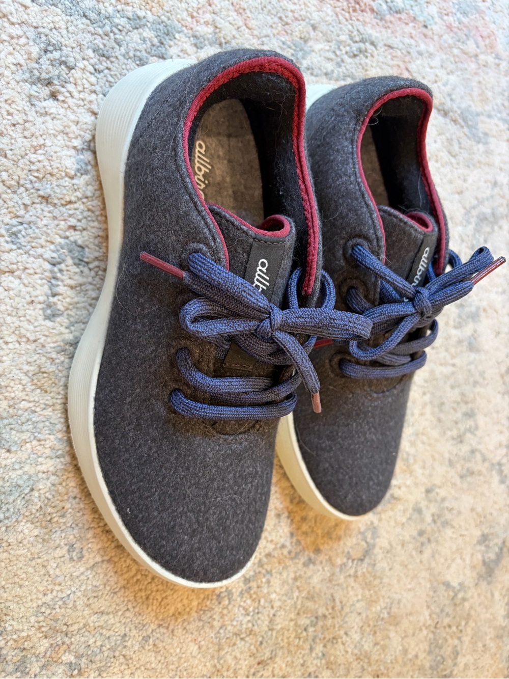 allbirds Charcoal Wool Sneakers with Burgundy Trim and Navy Laces